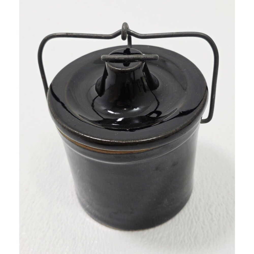 Vintage 1970s Dark Glazed Stoneware Cheese Crock Jar with Wire Bail Locking Lid